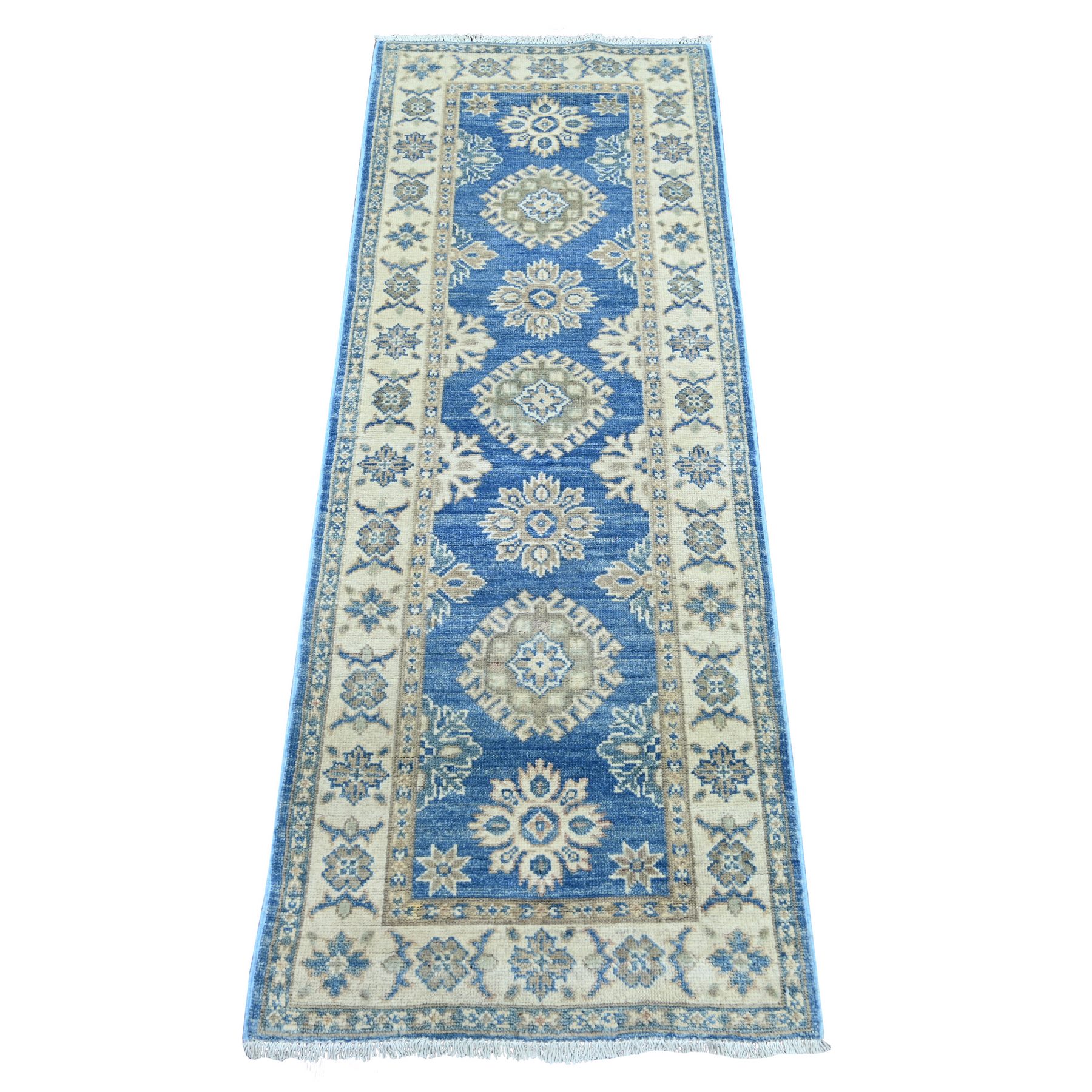 2'x5'6" Imperial Blue, Vintage Look Kazak with Tribal Medallions, Hand Knotted, 100% Wool, Natural Dyes, Short and Narrow Runner, Oriental Rug 